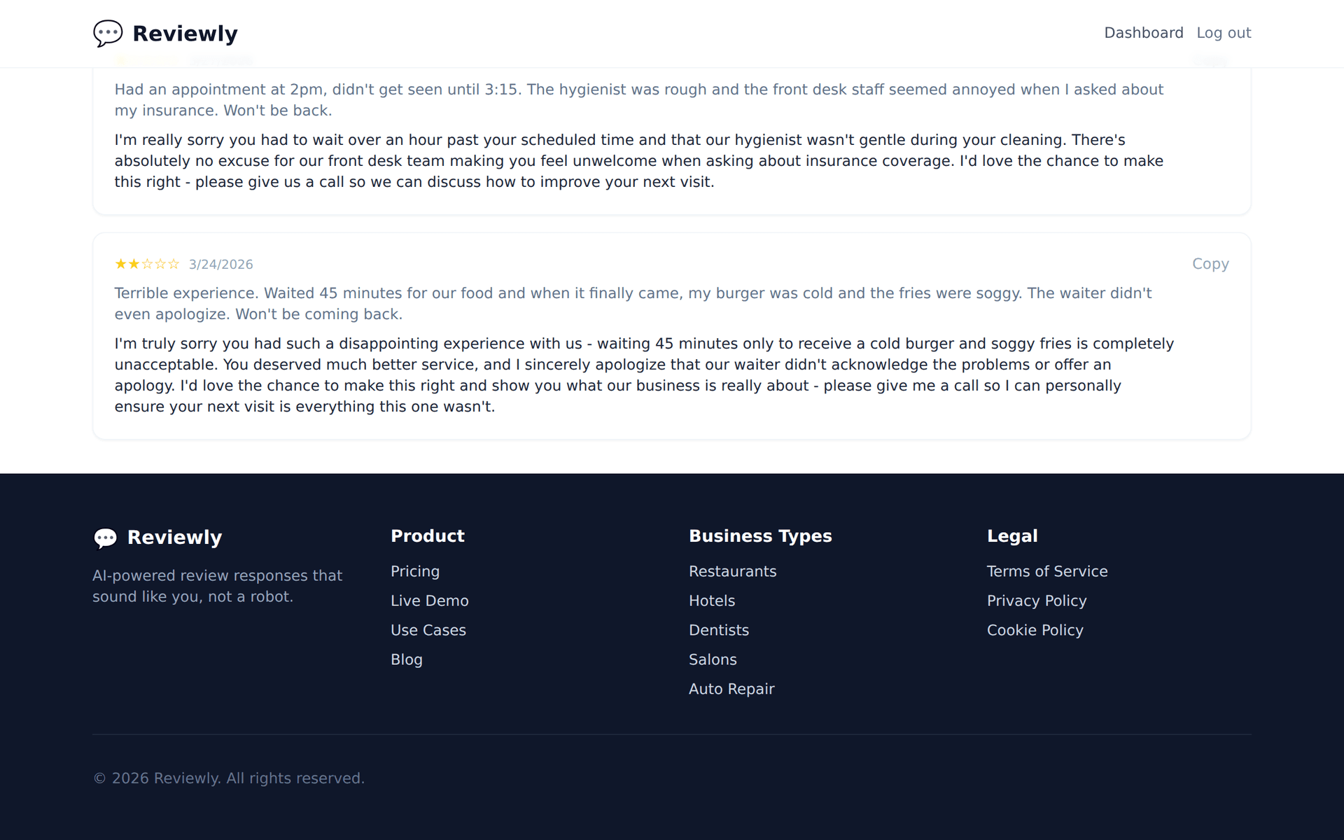 Review response service dashboard