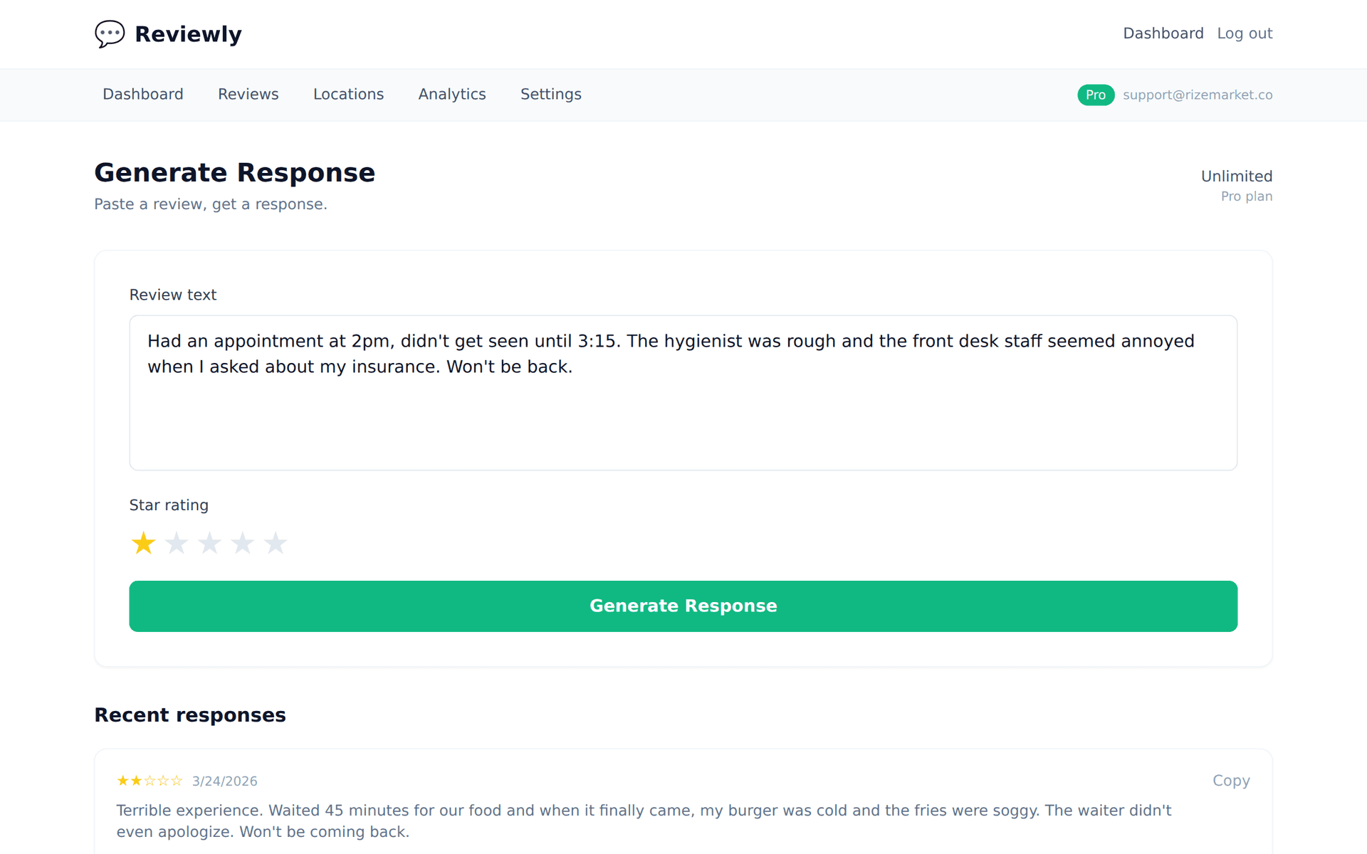 Google review response tool interface