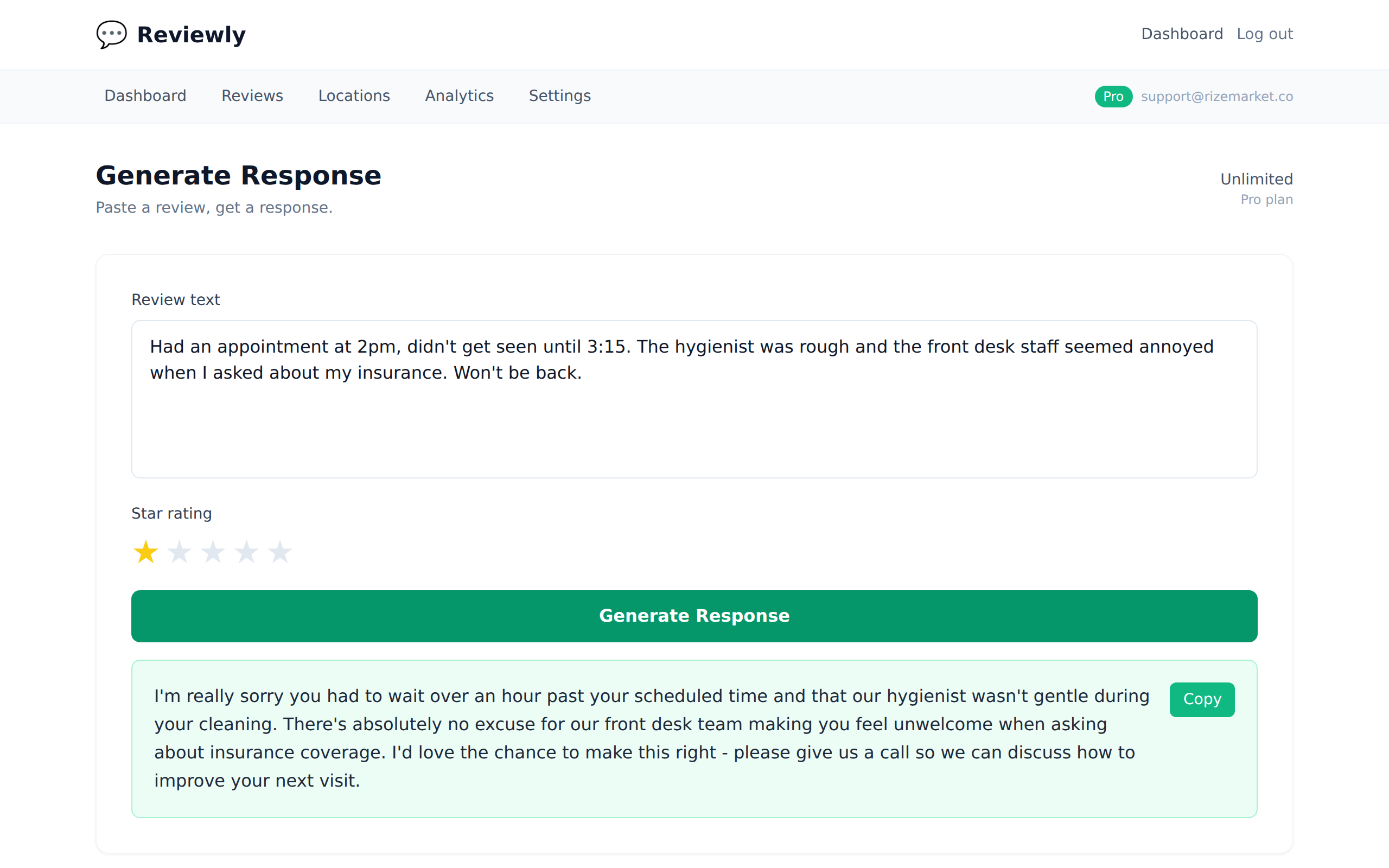 Typani generating a response to a bad Google review - how to respond to bad reviews on google